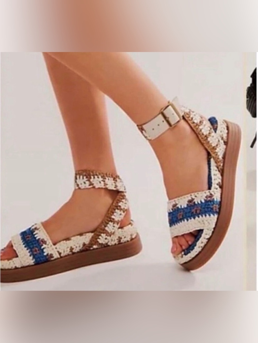 Free People Women's Crochet Sandals - Blue, White, and Brown. Wrap around ankle.